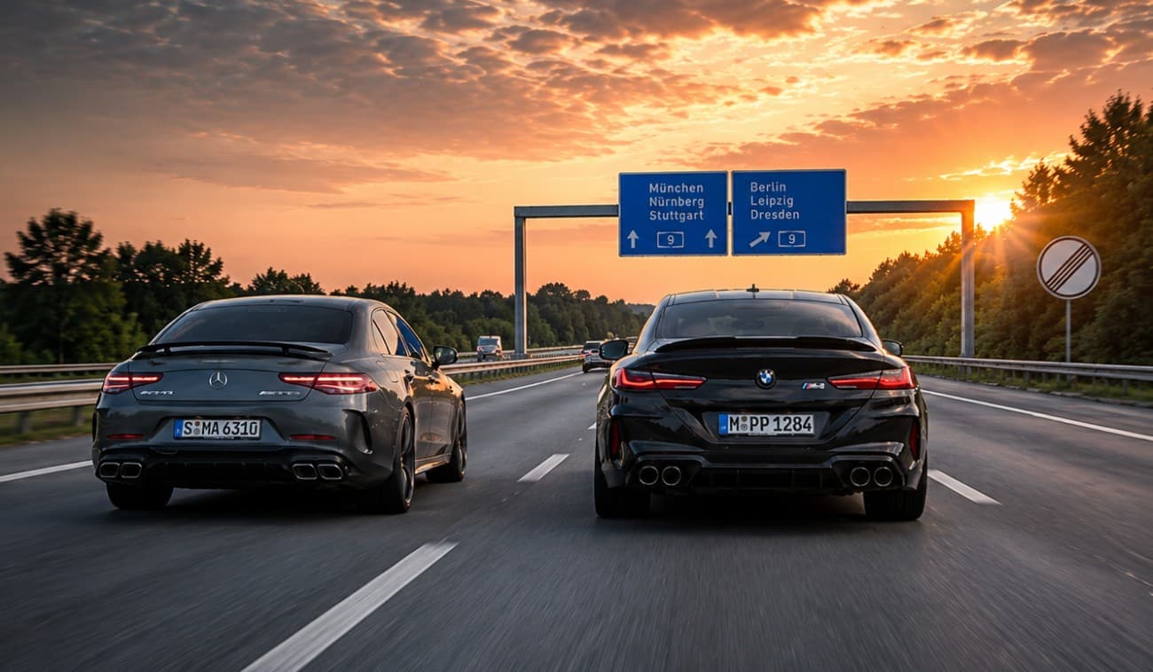 A Mercedes-AMG and a BMW M8 on the German Autobahn at sunset